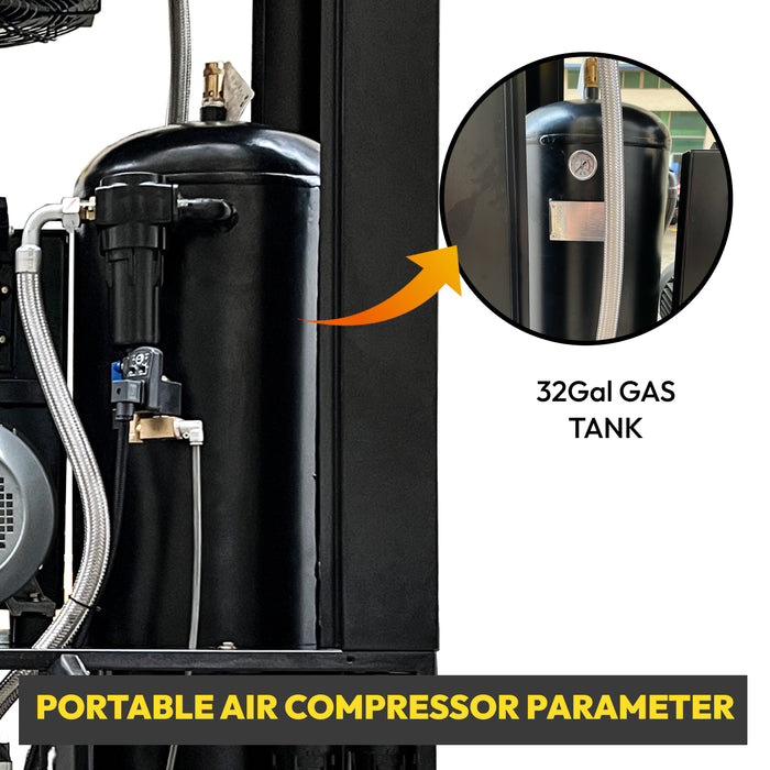 TC7.5-8 10HP 7.5KW Portable Rotary Screw Air Compressor | 37CFM @ 116-125PSI | 230V 3-Phase 60Hz |  RP3/4"  |  32Gal Gas Tank