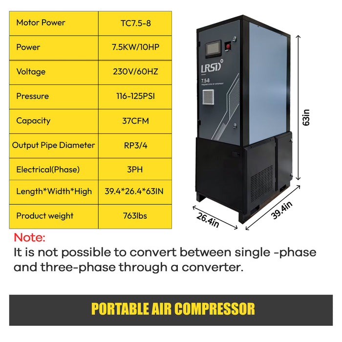 TC7.5-8 10HP 7.5KW Portable Rotary Screw Air Compressor | 37CFM @ 116-125PSI | 230V 3-Phase 60Hz |  RP3/4"  |  32Gal Gas Tank