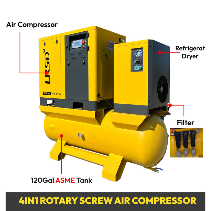 LRSD 20HP 15kW VSD Rotary Screw Air Compressor with ASME-Certified 120-Gallon Air Tank | 80.16 CFM @ 125 PSI, 230V 3-Phase 60Hz, 3/4" Port (TK15-8-VSD-230V)