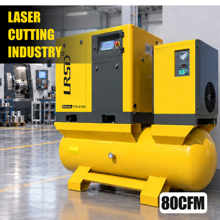 LRSD 20HP 15kW VSD Rotary Screw Air Compressor with ASME-Certified 120-Gallon Air Tank | 80.16 CFM @ 125 PSI, 230V 3-Phase 60Hz, 3/4" Port (TK15-8-VSD-230V)