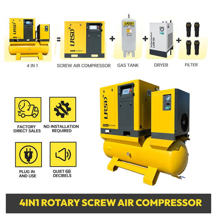 LRSD 20HP 15kW VSD Rotary Screw Air Compressor with ASME-Certified 120-Gallon Air Tank | 80.16 CFM @ 125 PSI, 230V 3-Phase 60Hz, 3/4" Port (TK15-8-VSD-230V)