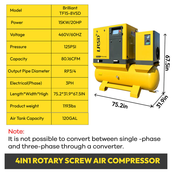LRSD 20HP 15kW VSD Rotary Screw Air Compressor with ASME-Certified 120-Gallon Tank, 80.16 CFM @ 125 PSI, 460V 3-Phase 60Hz, RP3/4" Port (TK15-8-VSD-460V)