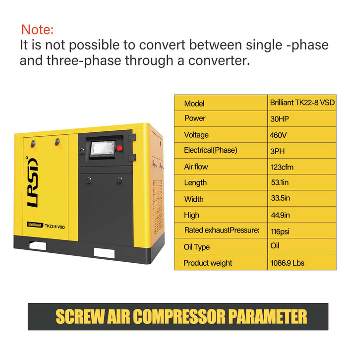 TK Series 30HP 22KW LRSD Rotary Screw Air Compressor | 122.90 CFM @ 125 PSI | 480V 3-Phase 60Hz | RP1  |  VSD