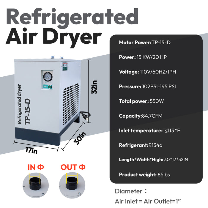 20HP 15KW LRSD VSD Rotary Screw Air Compressor with Refrigerated Air Dryer | 75 CFM @ 125 PSI | 460V 3-Phase 60Hz | RP3/4"  | VSD(LS VSD 20)