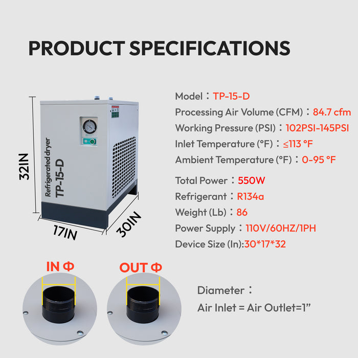 230V 20HP 81cfm 3 Phase Rotary Screw Air Compressor with Refrigerated Air Dryer