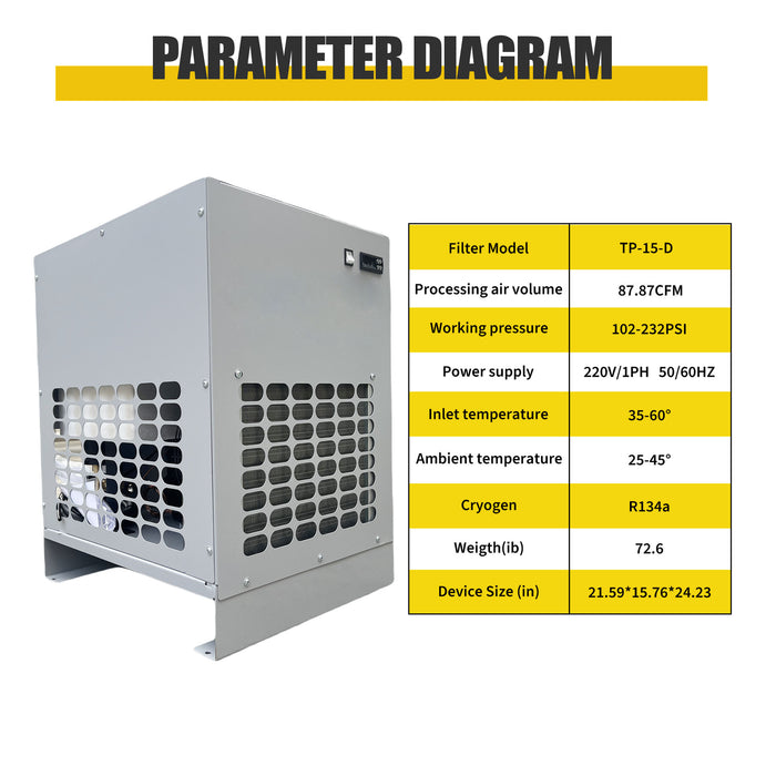 220V 60Hz Refrigerated Air Dryer – 88 CFM@102-232PSI for 15KW Air Compressors | Efficient Moisture Removal