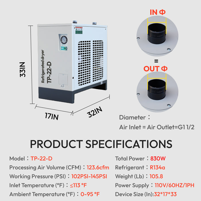 30Hp 230V Rotary Screw Air Compressor 3Ph with 123.6CFM Refrigerated Air Dryer