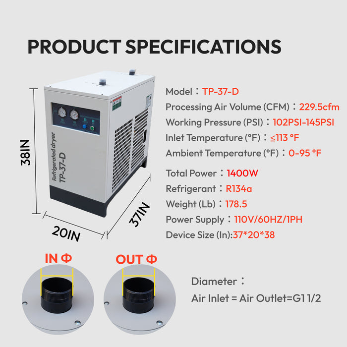 50HP 125PSI 3P Rotary Screw Air Compressor w/ 230CFM 1Phase Compressed Air Dryer