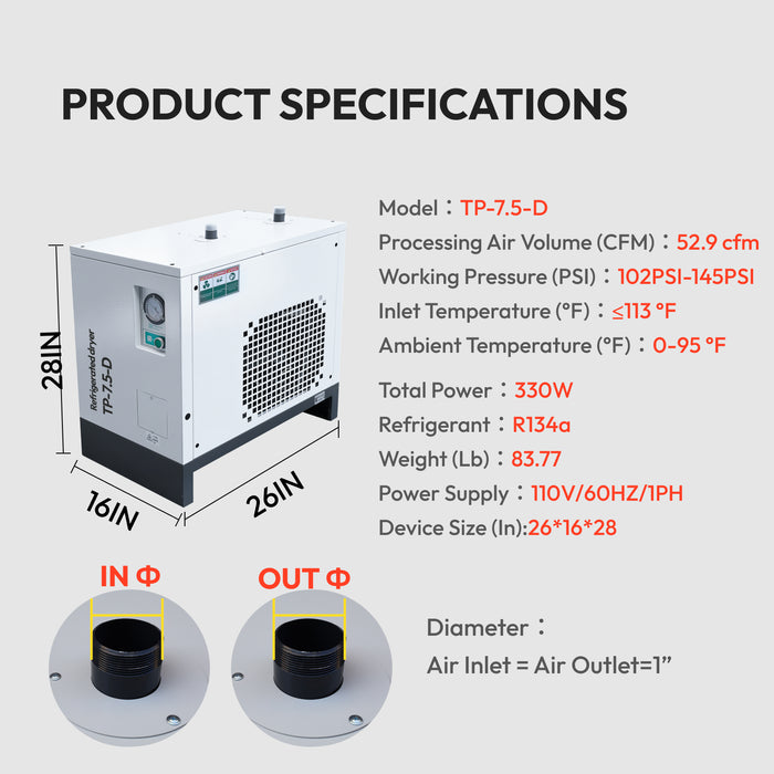 10HP 38CFM 460V VSD Rotary Screw Air Compressor and 46 CFM Air Dryer