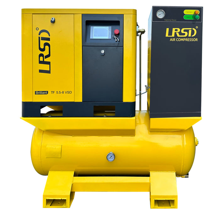 TF Series 4-in-1 Rotary Screw Air Compressor | 5.5KW / 7.5HP, 27CFM, 480V/3PH | VFD with Cold Dryer & Air Tank Filter | ASME & UL Certified