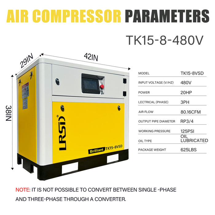 TK Series LRSD Rotary Screw Air Compressor | 20HP 15KW  | 86.17 CFM @ 125 PSI | 480V  3-Phase 60Hz | RP3/4"  |  VSD